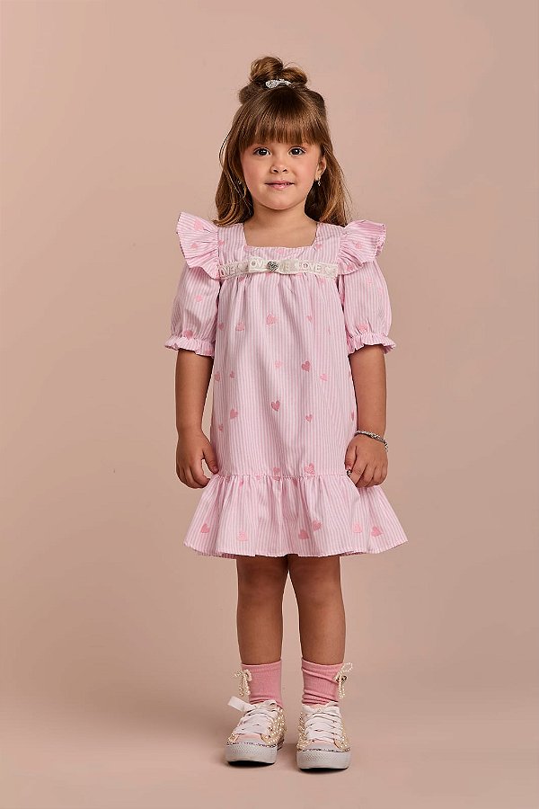 Vestido Algodão Listra Rosa Bordado Coração Listrado Rosa Gabriela Aquarela-6327/261042
