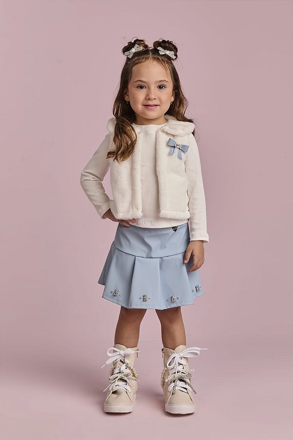 Conjunto Like Leather Com Colete Teddy e Blusa Off Azul Gabriela Aquarela-63239/261014