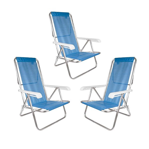 Kit 3 Cadeiras de Praia 8 Posições  Azul-Claro 100kg Mor