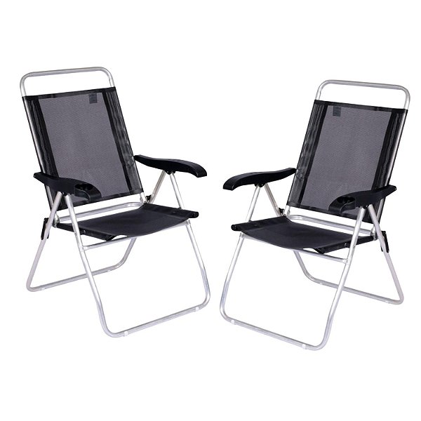 KIt 2 Cadeiras de Praia com porta Copos preta - Mec G Store