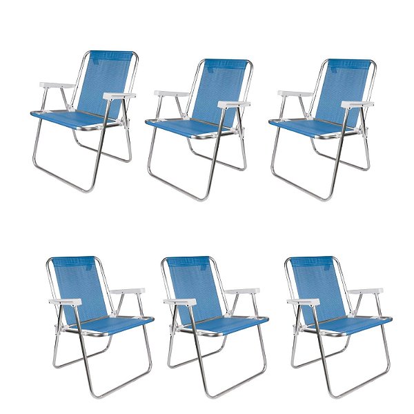 Kit 6 Cadeiras de Praia Alta Alumínio Azul Claro 110kg Mor