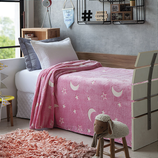 Manta que Brilha no Escuro Infantil Coberta Rosa Estrela Lua