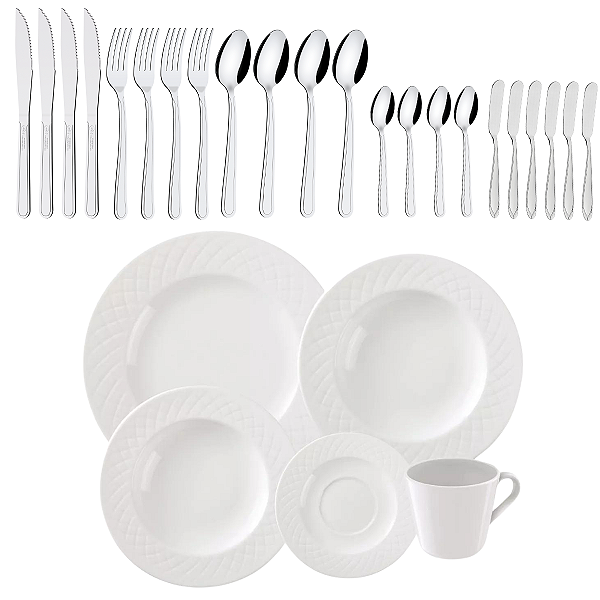 Kit Aparelho Jantar Porcelana Talheres Garfo Faca Tramontina