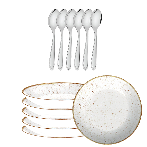 Jogo 6 Pratos de Sopa Porcelana + 6 Colheres Mesa Tramontina