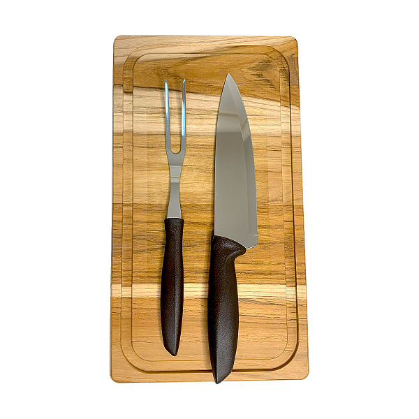 Kit Tábua Madeira Churrasco Carne Com Faca E Garfo Aço Inox