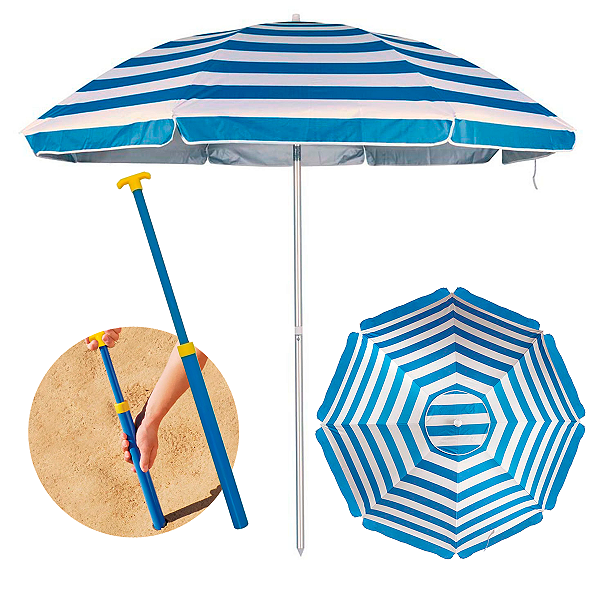 Guarda Sol Praia Piscina 2,60m Grande Articulado Reclinável Proteção Solar FPS100 e Saca Areia