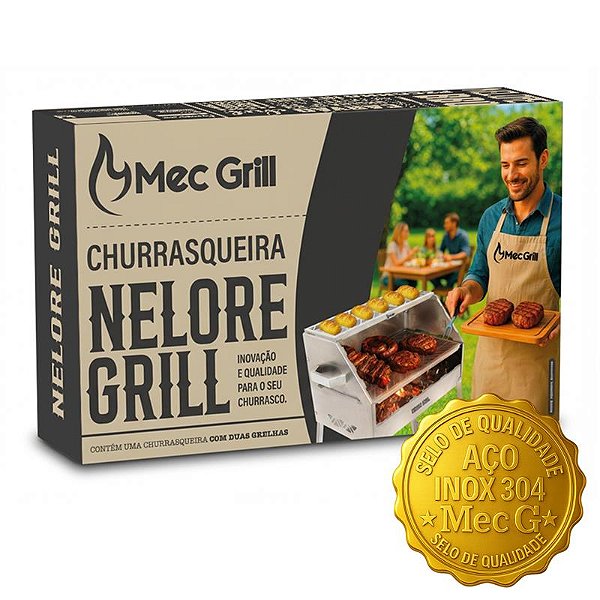Churrasqueira Aço Inox 304 A Carvão 50x30cm Nelore Grill Resistente Duas Grelhas Desmontável Mec G