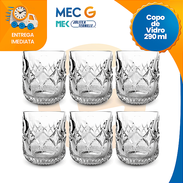 Conjunto de Copo Transparente Diamond 6 Peças Wisky de Vidro Resistente 290ml