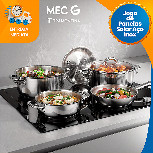 Jogo de Panelas Tramontina Solar em Aço Inox com Fundo Triplo e Tampas de Inox 5 Peças Indução