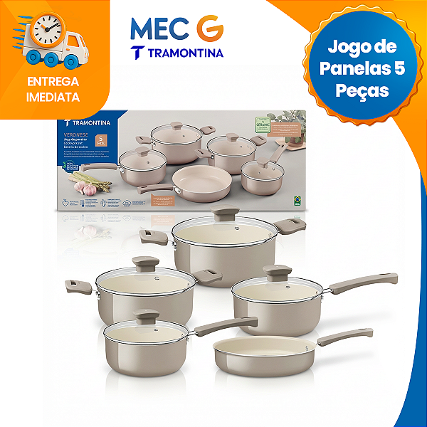 Conjunto de Panelas Revestimento Cerâmica 5 Peças Antiaderente Bege Veronese Tramontina