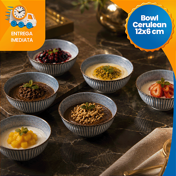 Kit de Tigelas de Cerâmica 12 cm Decorado Cumbuca Vasilha 6 Peças Sofisticado Bowl de Cerâmica Cerulean