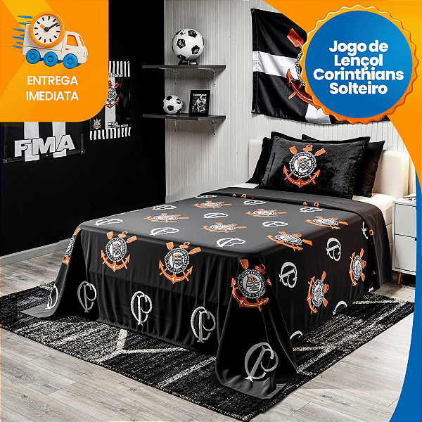 Kit Lençol Solteiro Corinthians 3 Peças Cobre Leito Completo