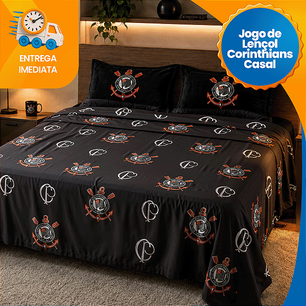 Kit Lençol Casal Corinthians 3 Peças Cobre Leito Completo