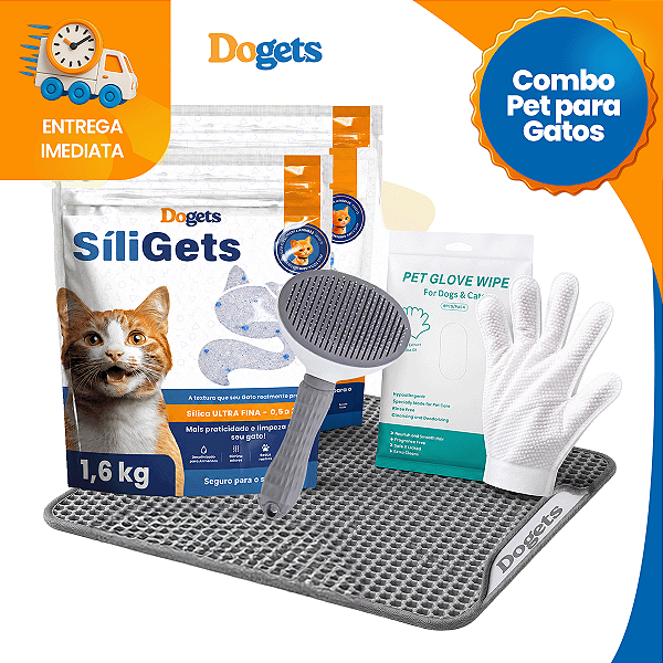 Combo Higiene Pet Dogets Para Gatos Sílica 1,6kg Tapete EVA Escova E Luva Umedecida