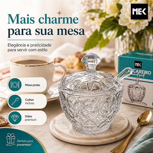 Açucareiro de Vidro Delicado com Colher de Acrílico Mesa Posta Cristal 210ml