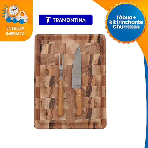 Tabua de Carne Grande Tramontina Madeira Pesada Churrasco Retangular 45cmx34cm + Kit Churrasco
