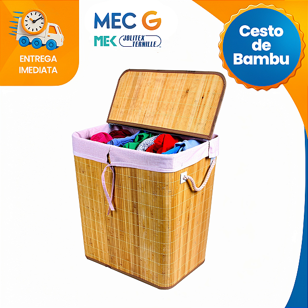 Cesto De Roupa Suja Bambu Grande Com Divisória Tampa Dobrável 60x38x30 MEK