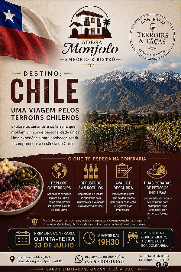 Confraria Terroirs & Taças – Destino: Chile 23/07/2026