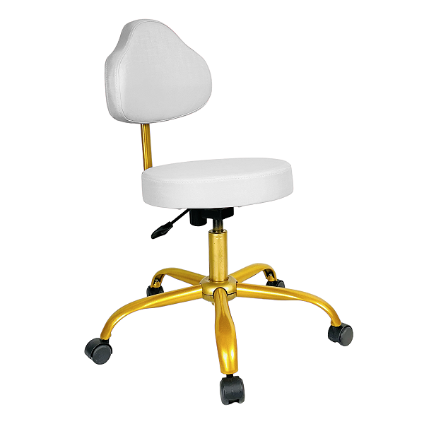 Cadeira Mocho Plus Encosto Alto Couro Sintético  - Branco - Base Giratória Dourada