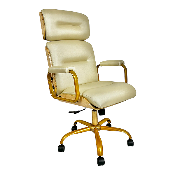 Poltrona Presidente WOOD Champanhe/Bege Brilhante - Madeira Clara - Base Dourada Giratória