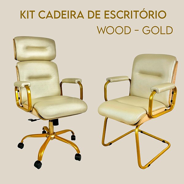 Conjunto de Poltrona Presidente Wood Champanhe Giratória + Diretor Fixa- Base Dourada