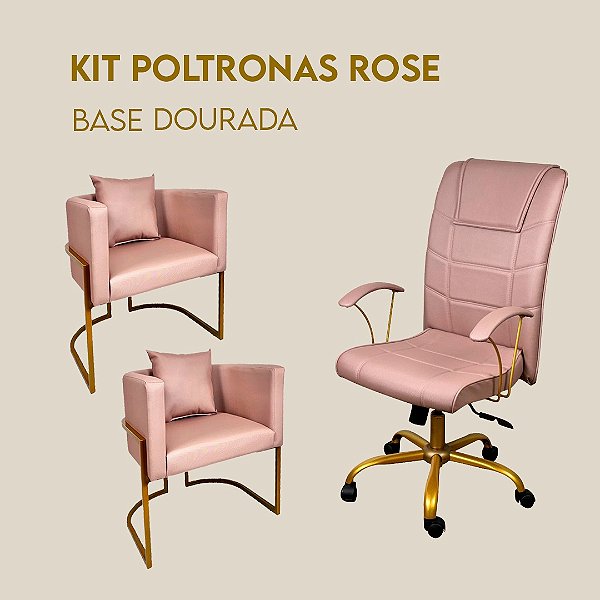 Poltrona Presidente Novara Giratória + 2 Luna Fixa Rosê Base Dourada