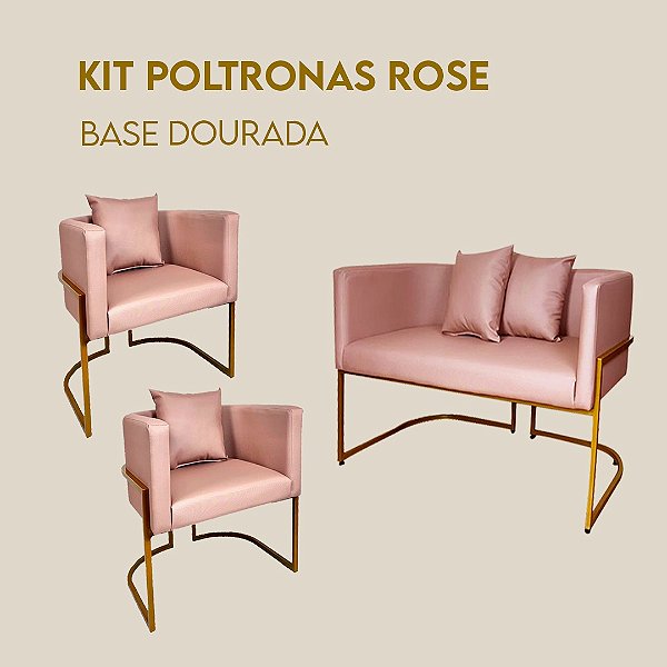 Kit Poltronas Fixa Rosê Base Dourada