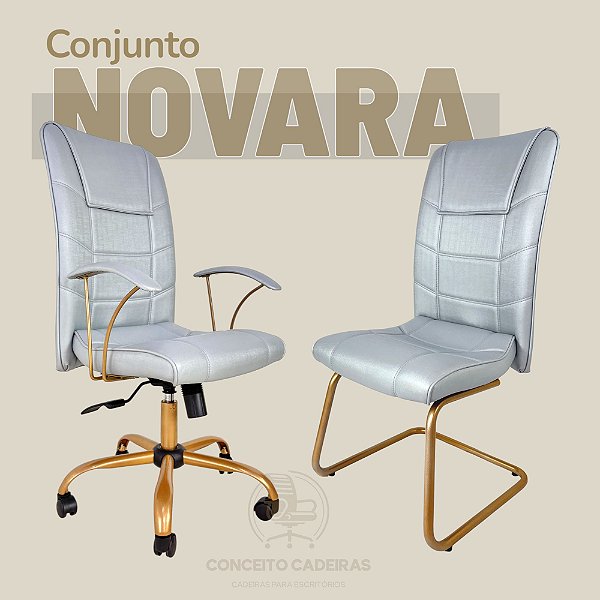Conjunto de Cadeira Escritório Novara Presidente + Presidente Fixa - Prata