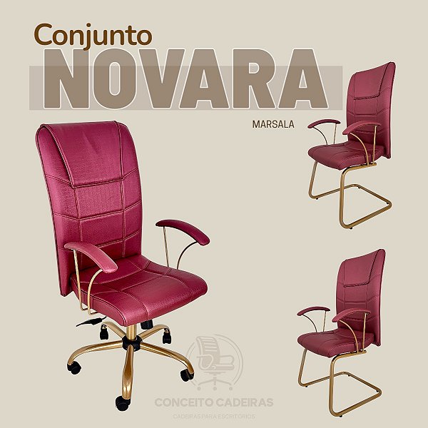 Conjunto de Cadeira Escritório Novara Presidente + 2 Presidente Fixa - Marsala