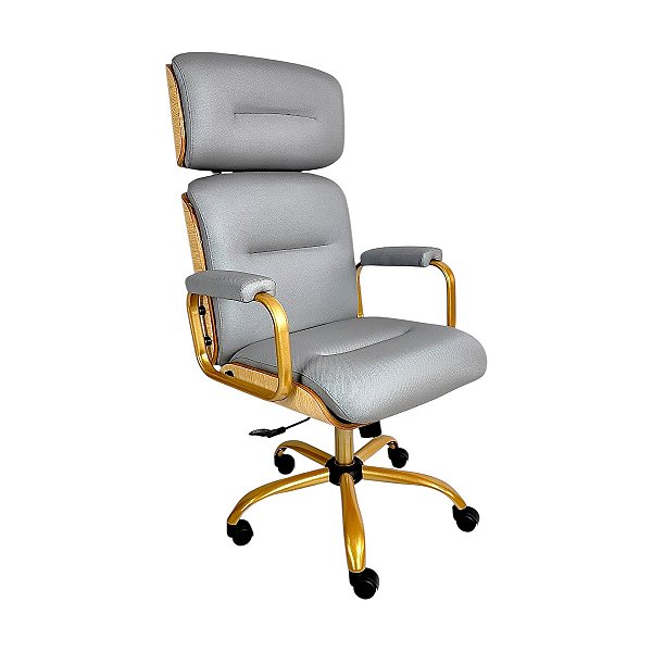 Poltrona Presidente WOOD - Couro Sintético Ibiza Cinza - Base Giratória Dourada