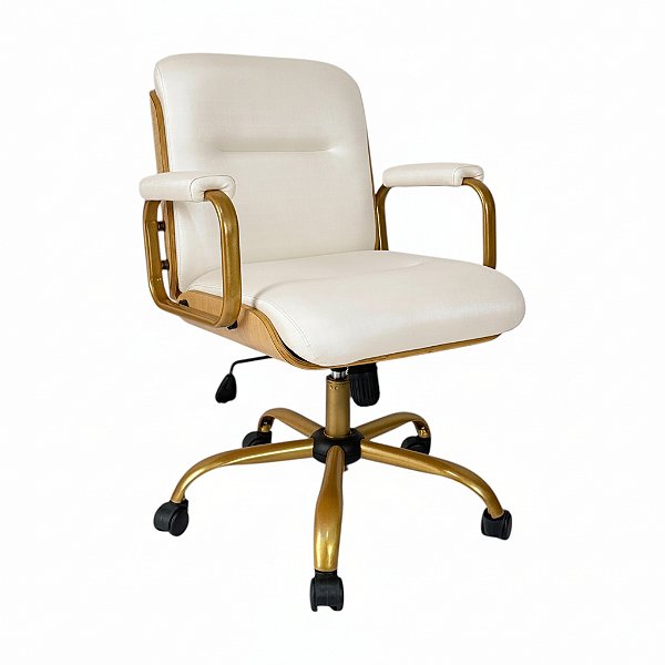 Poltrona Diretor WOOD -OFF-WHITE - Base Giratória Dourada