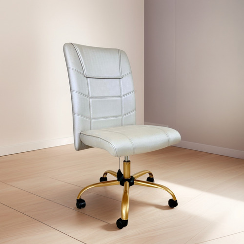 Cadeira Presidente Luxo Sem Braço - Base Dourada Giratória - Off-White - Couro sintético