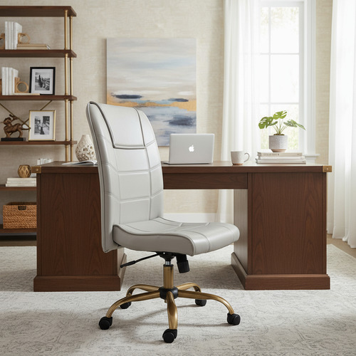 Cadeira Presidente Luxo Sem Braço - Base Dourada Giratória - Cinza - Facto Dunas