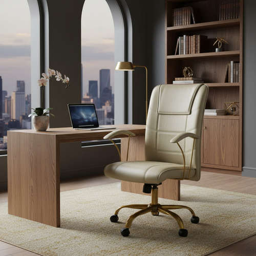 Poltrona Presidente Giratória Novara Com Base Dourada - Pérola - Couro sintético