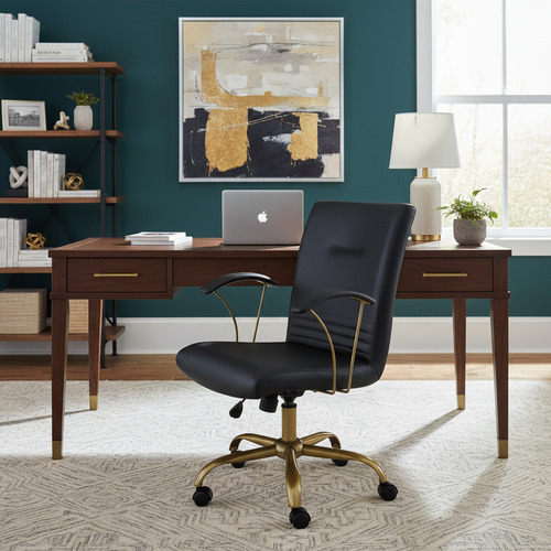 Cadeira Diretor Athena Preta - Base Giratória Dourada  Preto Couro Sintético