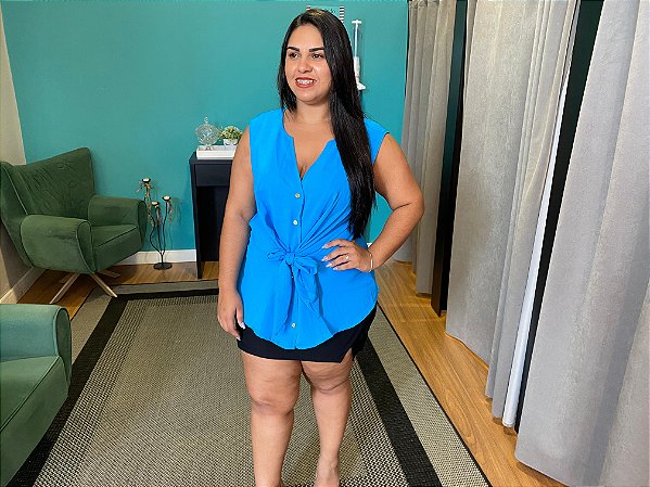 Blusa Em Duna Com Botões E Amarração na frente Plus Size