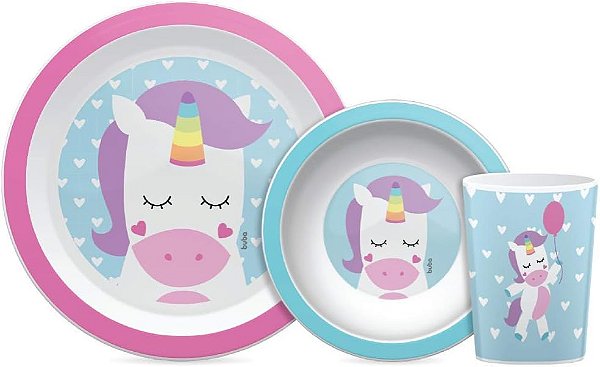 Kit Alimentação Refeição Infantil Bebe Prato Copo Bowl - Buba - Unicórnio