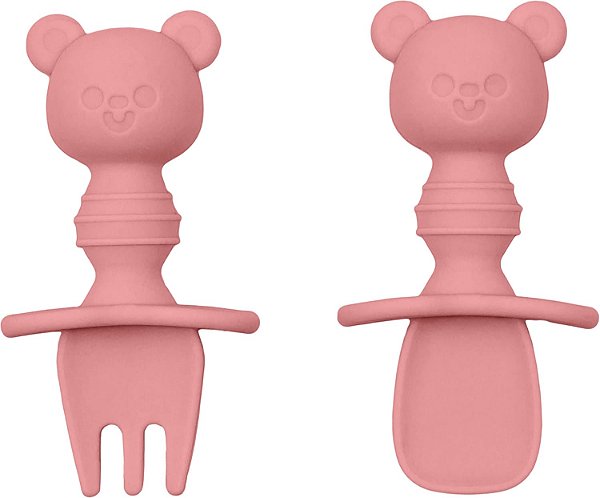 Kit Talher Bebê Silicone Ursinho Buba Garfo Colher Proteção - Rosa