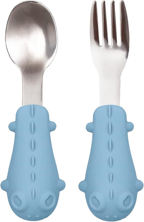 Kit Talheres em Silicone e Aço Inox - Buba, Dino, Azul