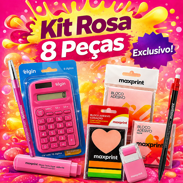 Kit Rosa Completo Com Calculadora, Canetas E Blocos Adesivos