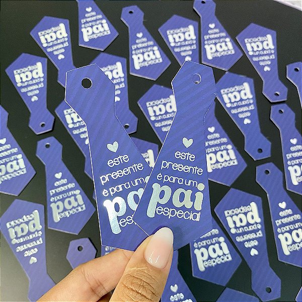 10un Tag Gravata Hot Stamping "Pai Especial" Azul Escuro - Coleção Dia dos Pais