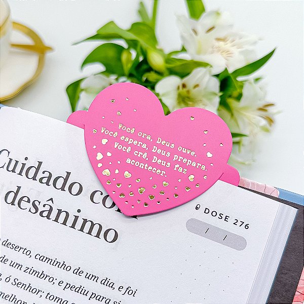 Marcador de Página Coração Hot Stamping "Faz Acontecer" Rosa - Coleção Bíblica