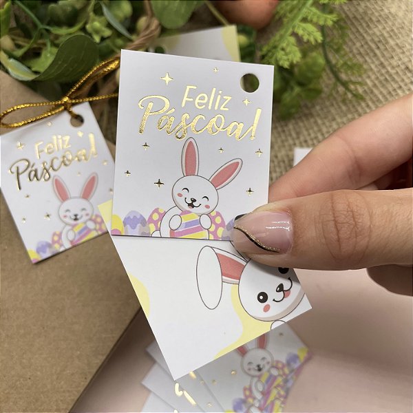 Mini Tag Hot Stamping "Feliz Páscoa" - Coleção Páscoa