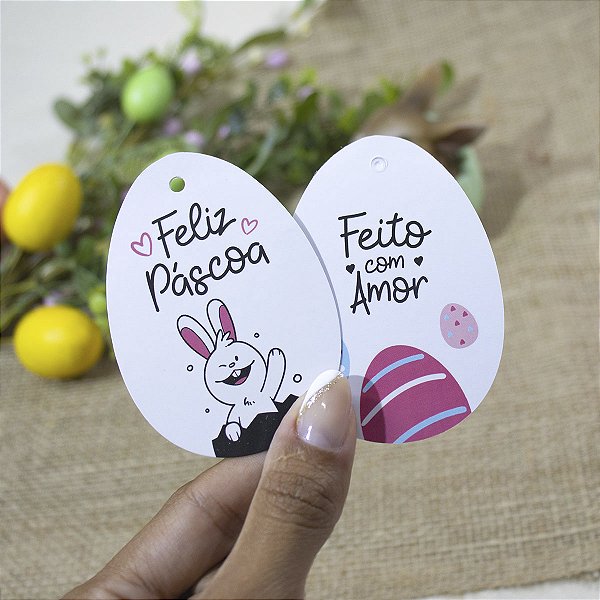 Tag Ovo Branco "Feliz Páscoa" Verniz Localizado - Coleção Páscoa