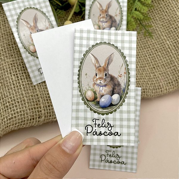 Cartão "Feliz Páscoa" Coelho Listras Verde - Coleção Páscoa