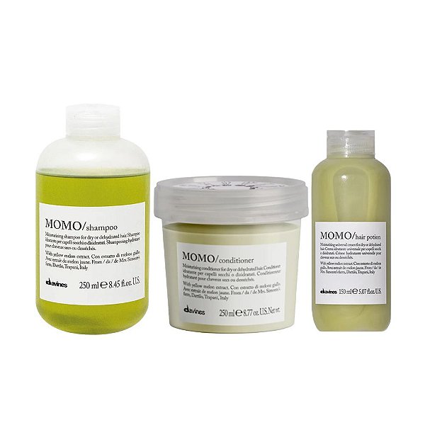 Kit Davines Momo Hidratação – Shampoo 250ml + Condicionador 250ml + Leave-in Hair Potion 150ml