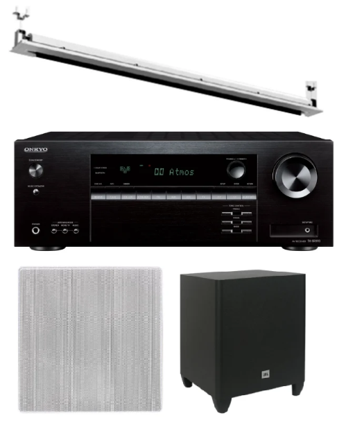 Kit Home Theater 5.2 C/ Receiver Onkyo TX-SR393 + Caixas JBL CI6S + Subwoofer JBL + Tela Elétrica 92" Projetelas + Moldu