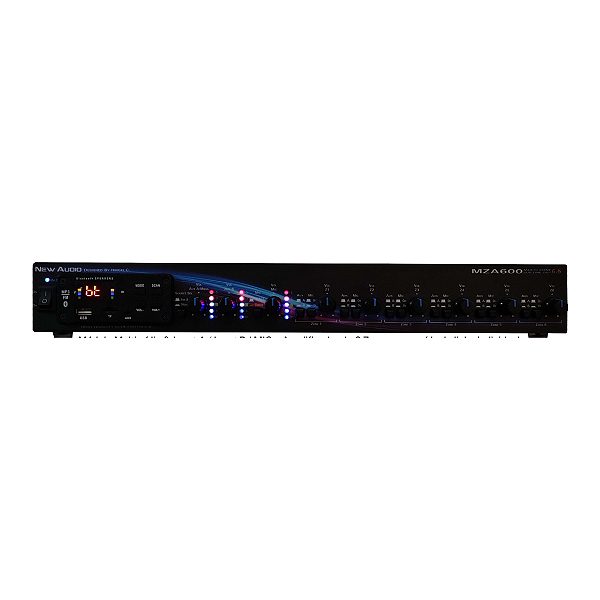 Amplificador Multiroom New Audio MZA600 Multizone 6 Zonas 180W RMS Bluetooth USB FM e Entrada de Microfone