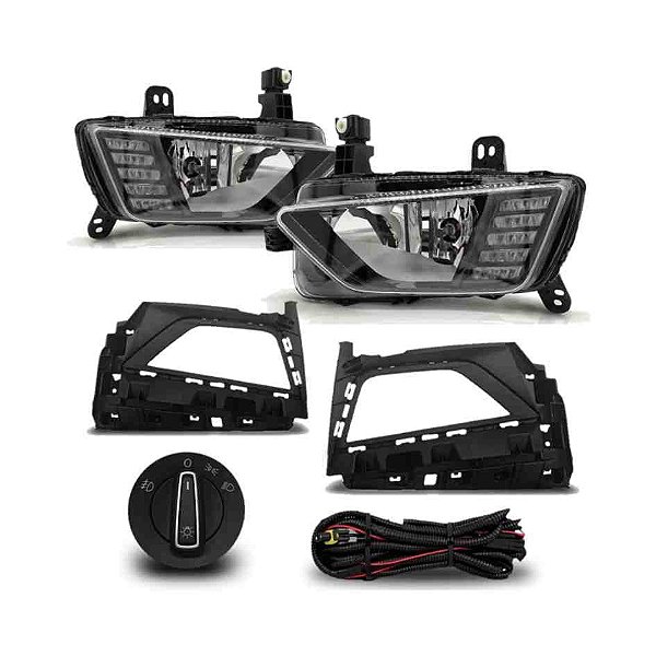 Kit farol auxiliar com moldura drl seta botão original shocklight do polo volkswagen de 2018 a 2020 preto cod 079694