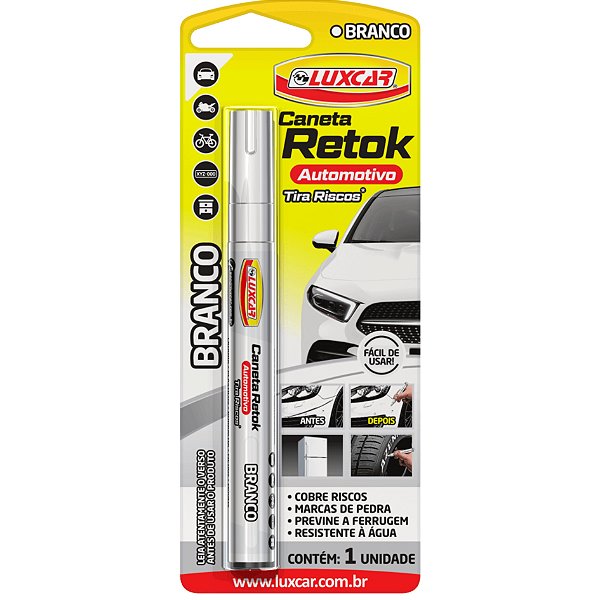 Caneta de retok automotivo tira riscos de cor branca luxcar cod 5090